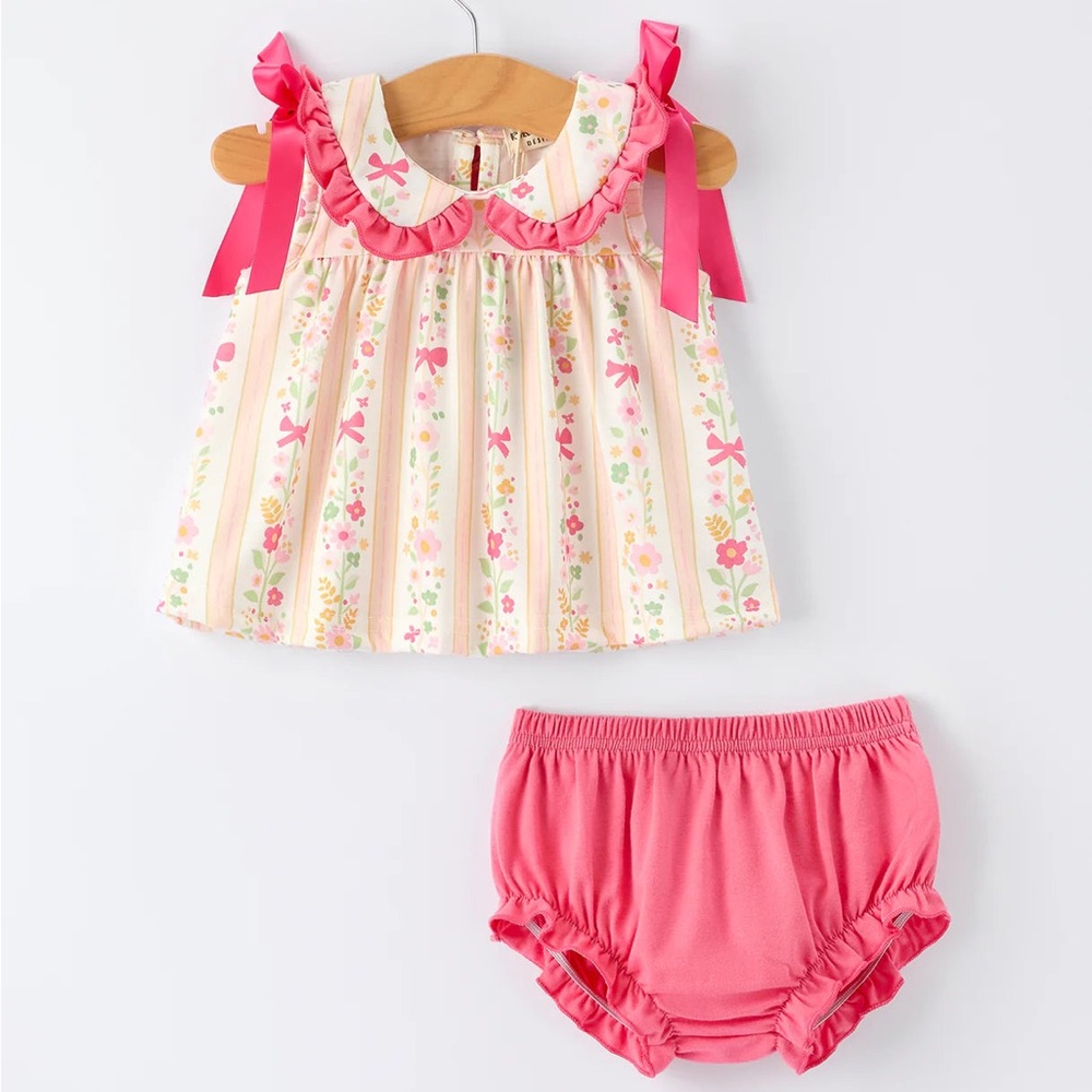 Spring Floral Bow Ruffle Girl Bloomer Set